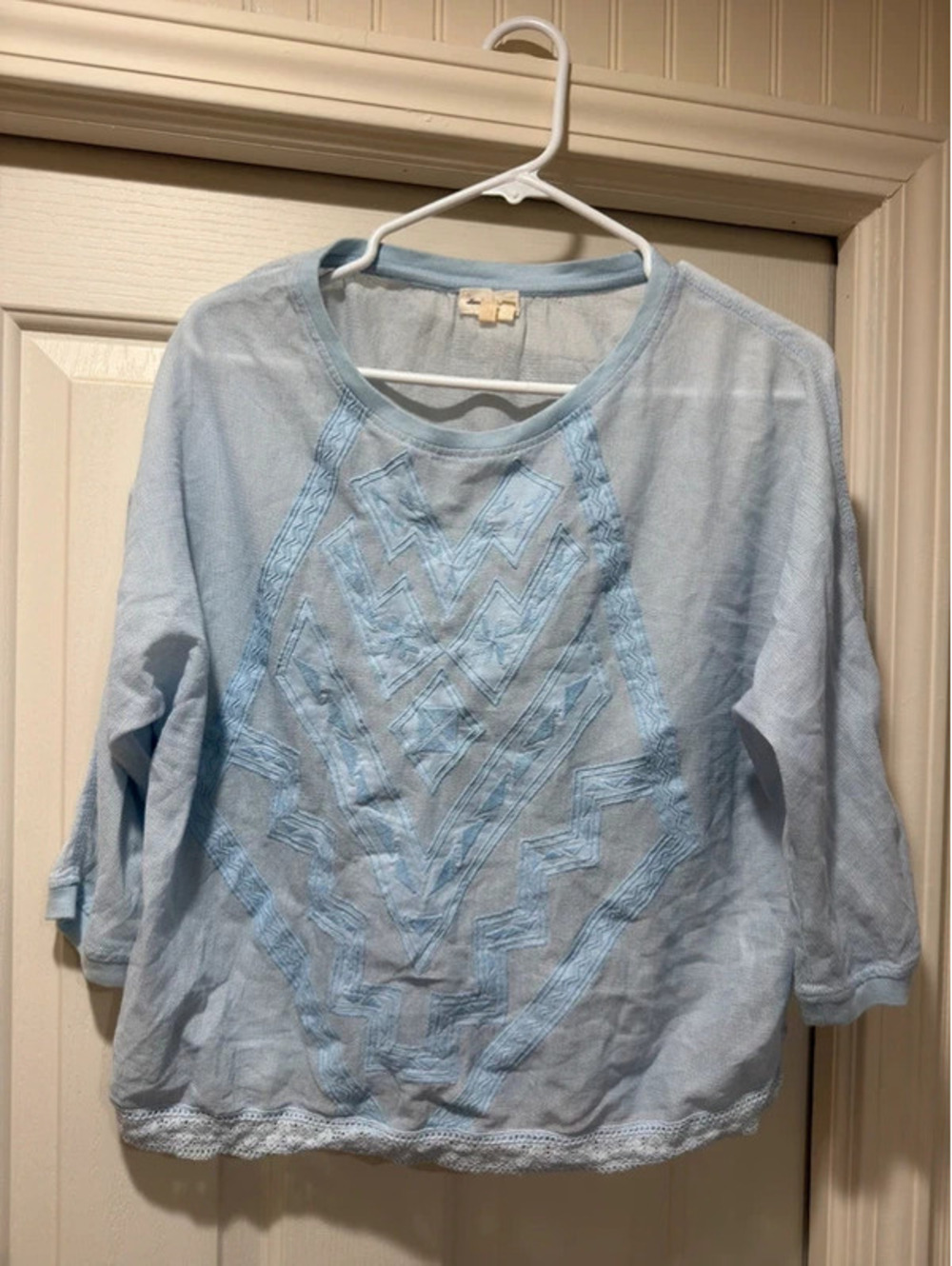 Meadow Rue Anthropologie Blue Embroidered Boho Oversized Pullover Top